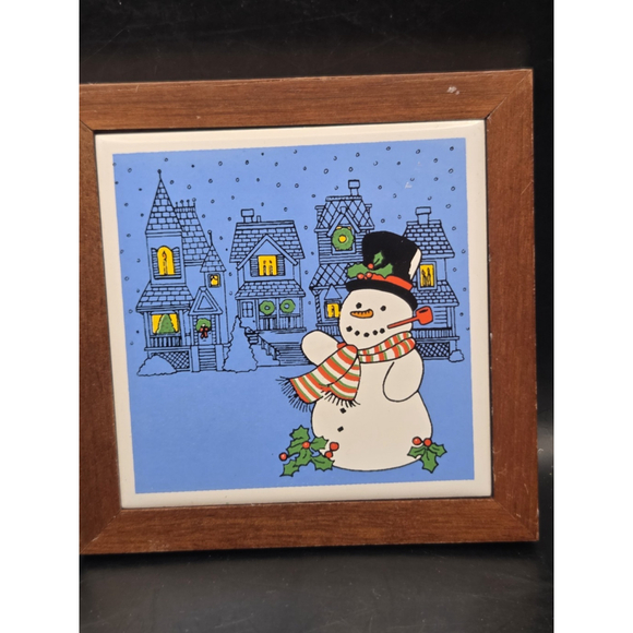 Trivets 2 Jasco Christmas Tree & Snowman Tile Wood Framed 5.25 Inch Square Vtg - Picture 8 of 12